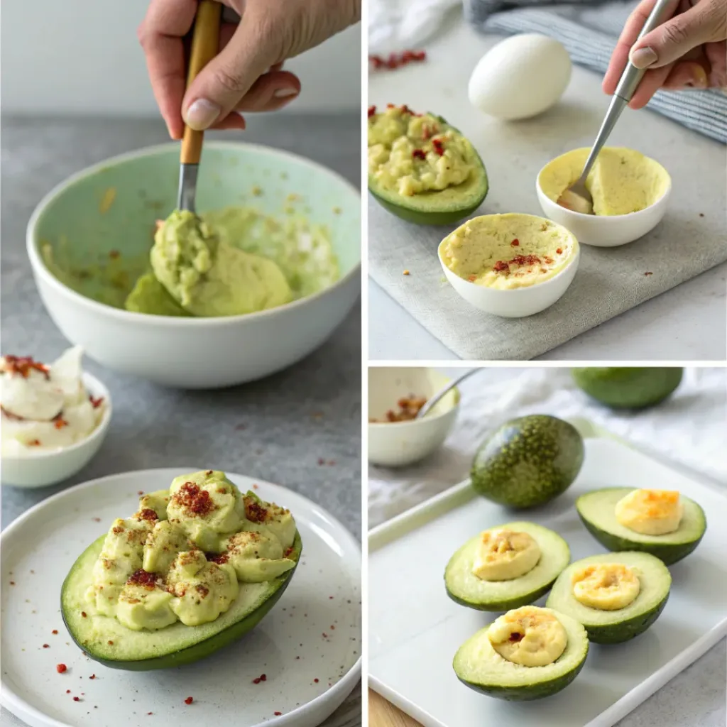 Avocado Deviled Eggs – Creamy & Healthy 7 Four-panel collage showing steps to make avocado deviled eggs: scooping yolks, mixing avocado filling, filling eggs, and garnishing