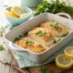 Golden baked cod fillets with a crispy Parmesan crust, garnished with parsley and lemon