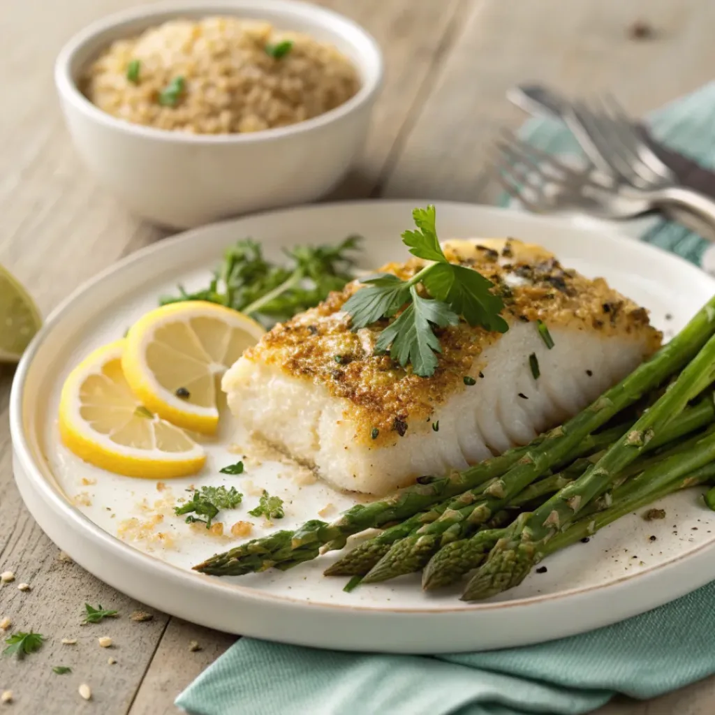 Serving of baked cod with Parmesan crust, roasted asparagus, and wild rice