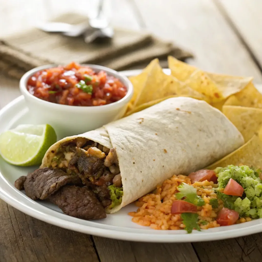Beef burrito served with Mexican rice and guacamole
