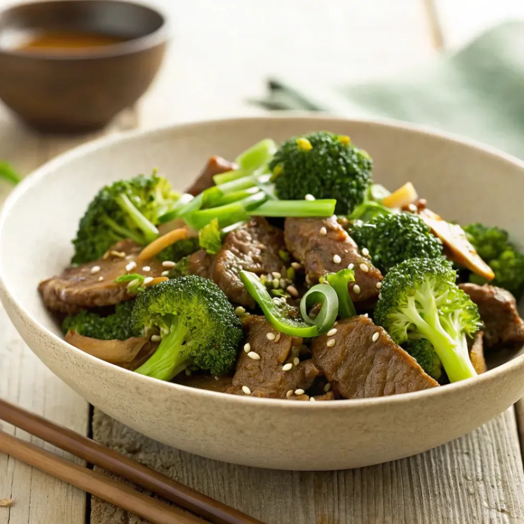 Bowl of beef and broccoli stir-fry in glossy savory sauce