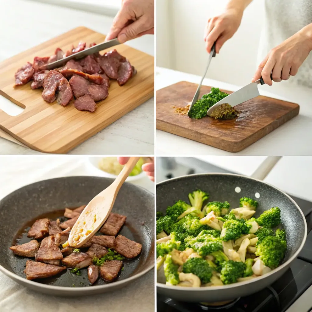 Four-panel collage showing slicing beef, cooking broccoli, browning beef, and combining with sauce
