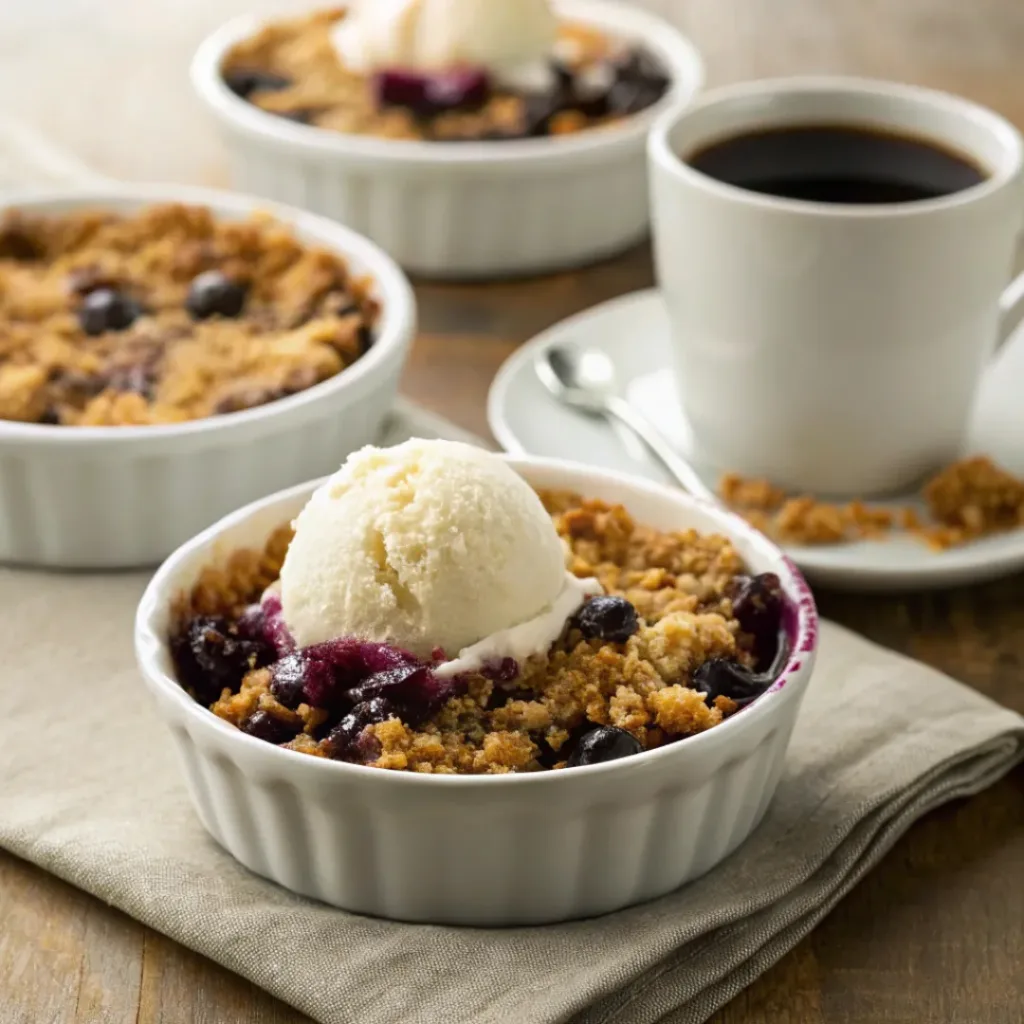 Blueberry crisp served with ice cream and coffee on rustic table