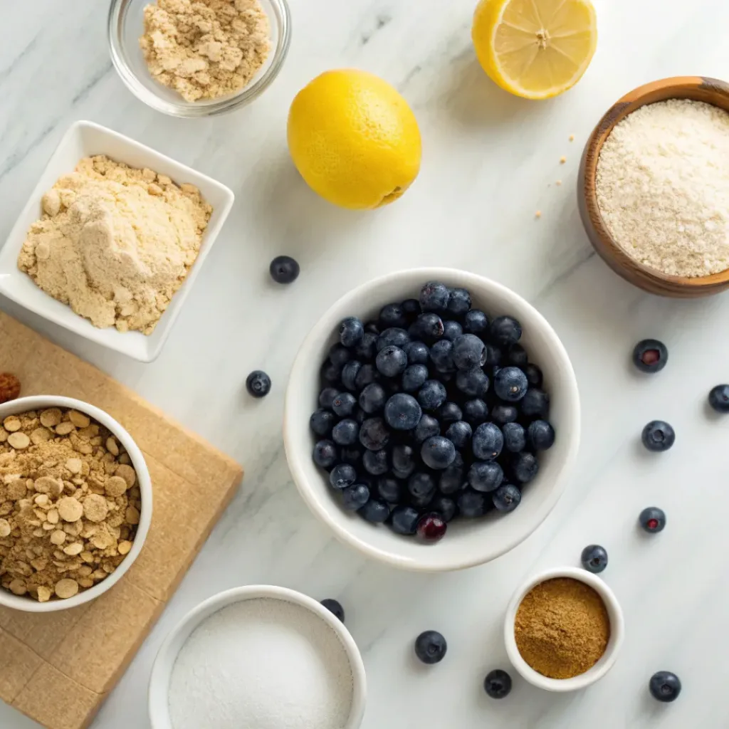 Flat lay of blueberries, oats, flour, butter, sugar, and baking ingredients