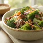 Broccoli salad with carrots, red onion, and sunflower seeds in a bowl