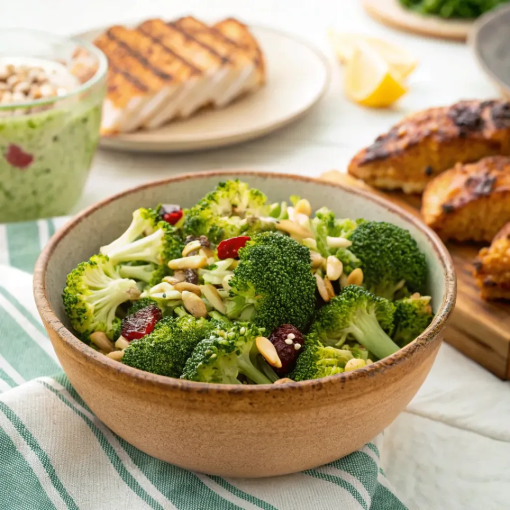 Broccoli salad served as a fresh and colorful side dish with sunflower seeds