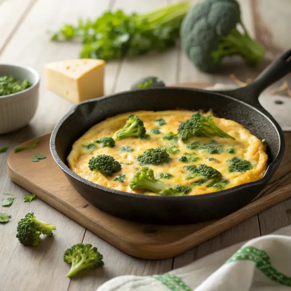 Golden frittata with broccoli and melted cheddar in skillet