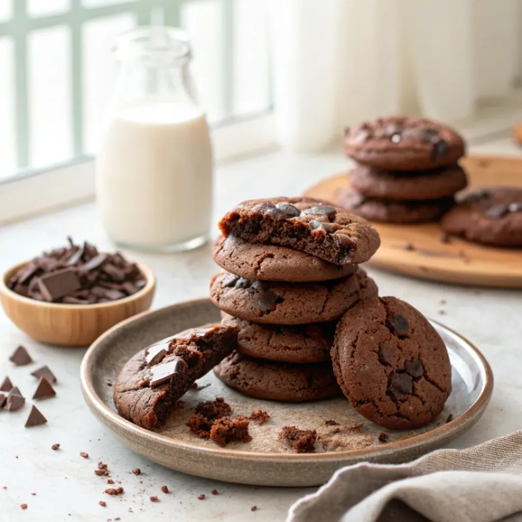 Chewy brownie mix cookies stacked on a plate with chocolate chunks