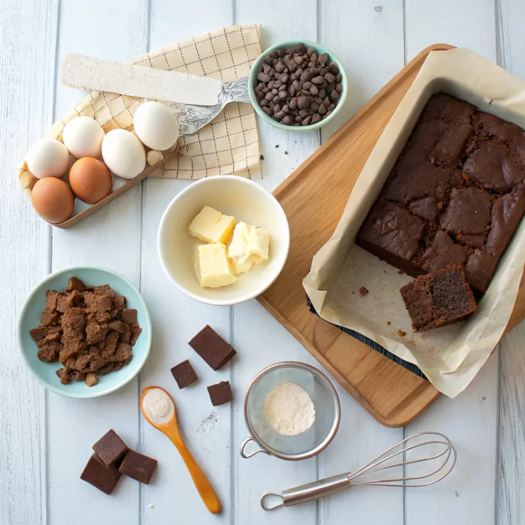 Flat lay of brownie mix, eggs, butter, and chocolate chunks for cookies