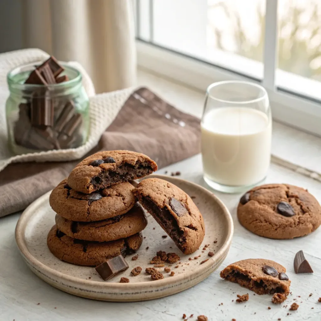 Brownie mix cookies stacked on a plate with chocolate chunks, served with milk