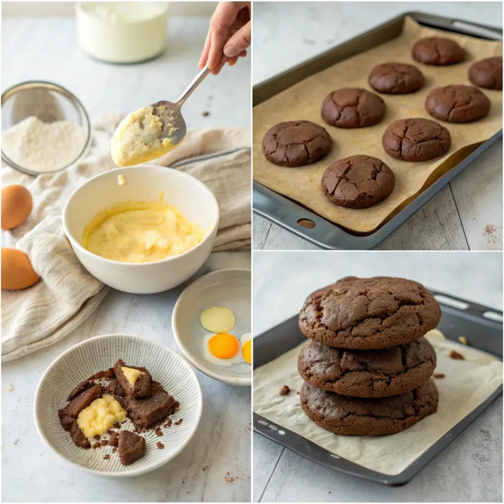 Four-panel collage showing mixing dough, scooping onto sheet, baking, and serving cookies