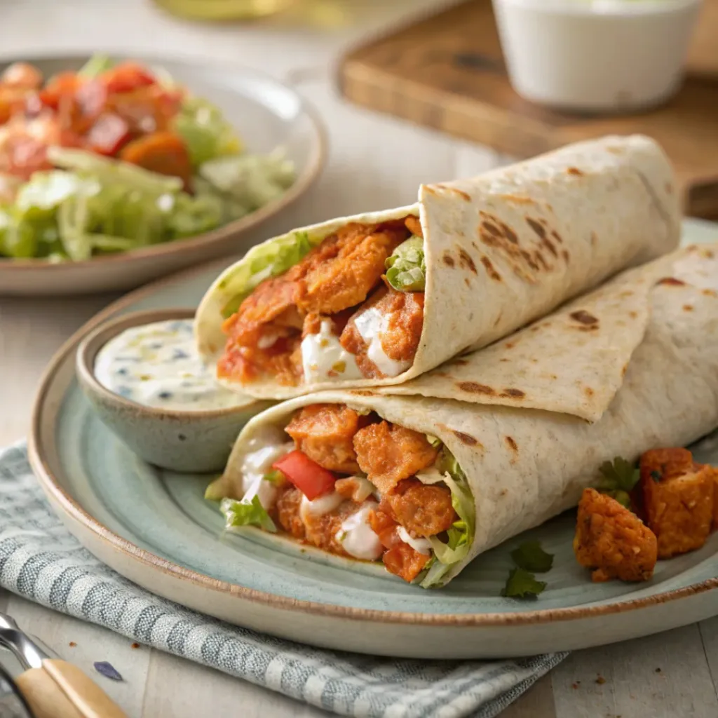 Buffalo chicken wraps cut in half showing spicy chicken, lettuce, tomatoes, and dressing