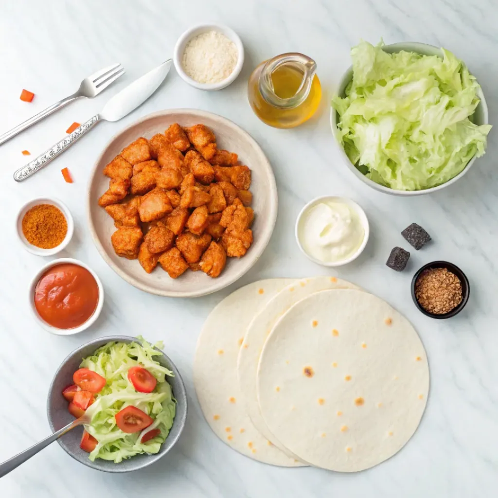 Flat lay of buffalo chicken wrap ingredients including chicken, tortillas, lettuce, tomatoes, and buffalo sauce