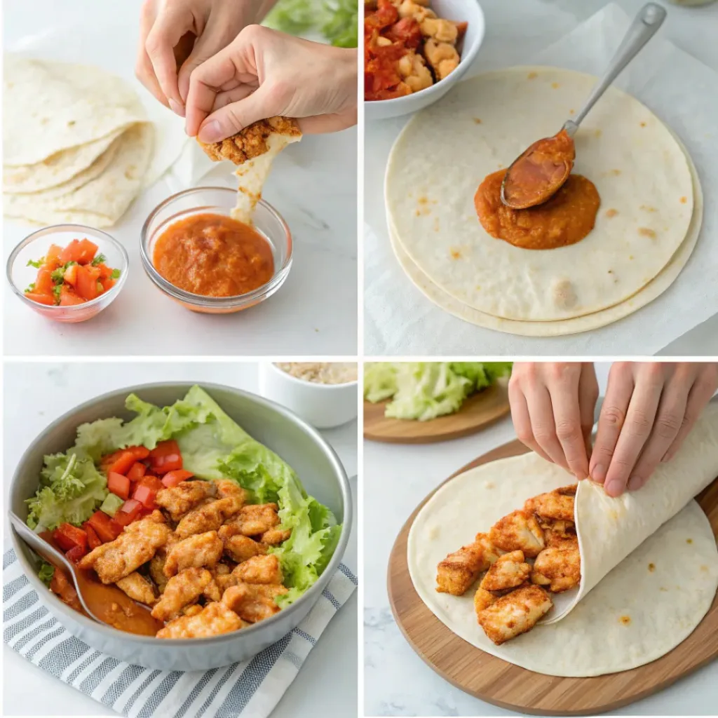 Four-panel collage showing tossing chicken in buffalo sauce, assembling wraps, and rolling them