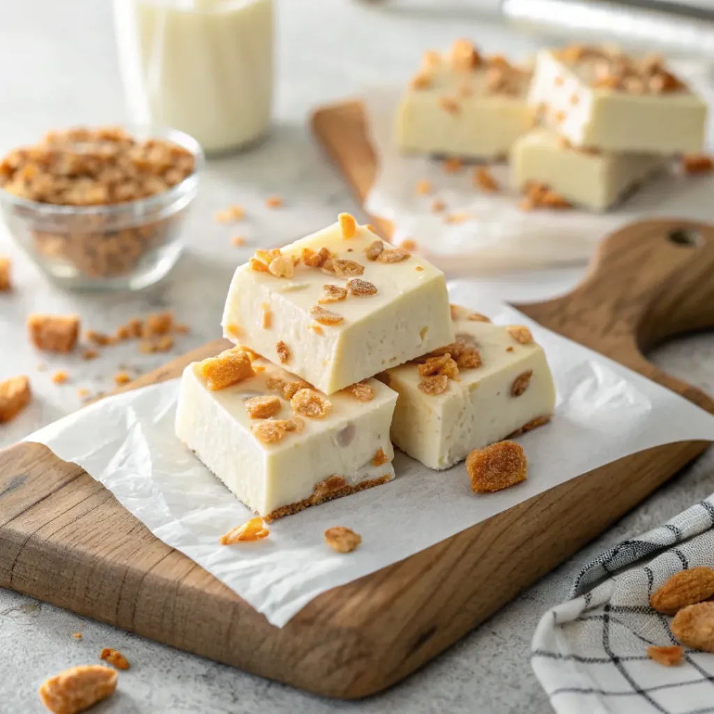 White chocolate fudge squares topped with crushed Butterfinger candy