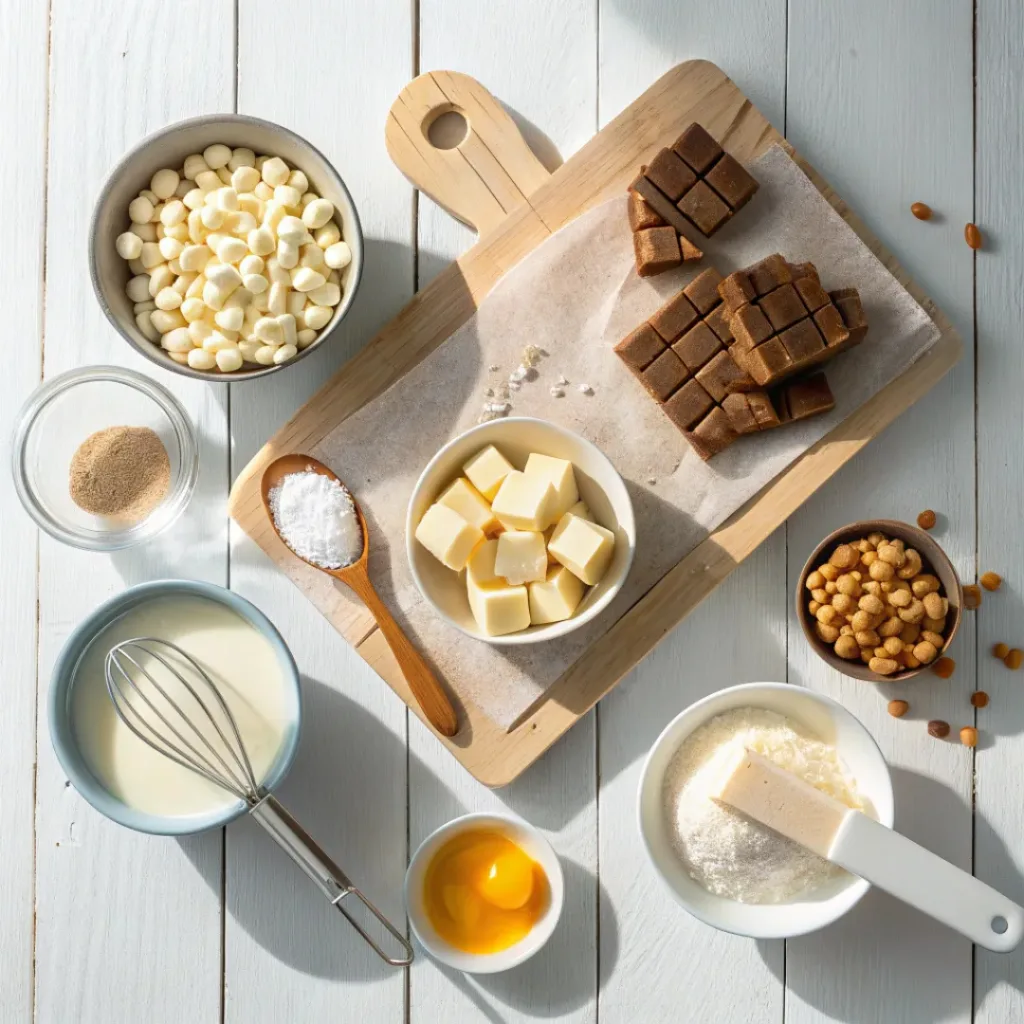 White chocolate fudge squares topped with crushed Butterfinger candy