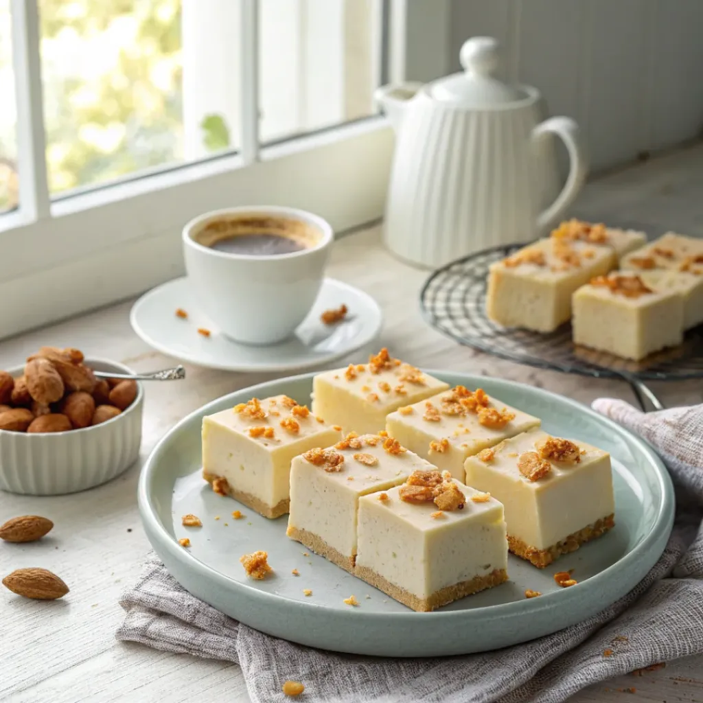 White chocolate Butterfinger fudge squares served on a plate