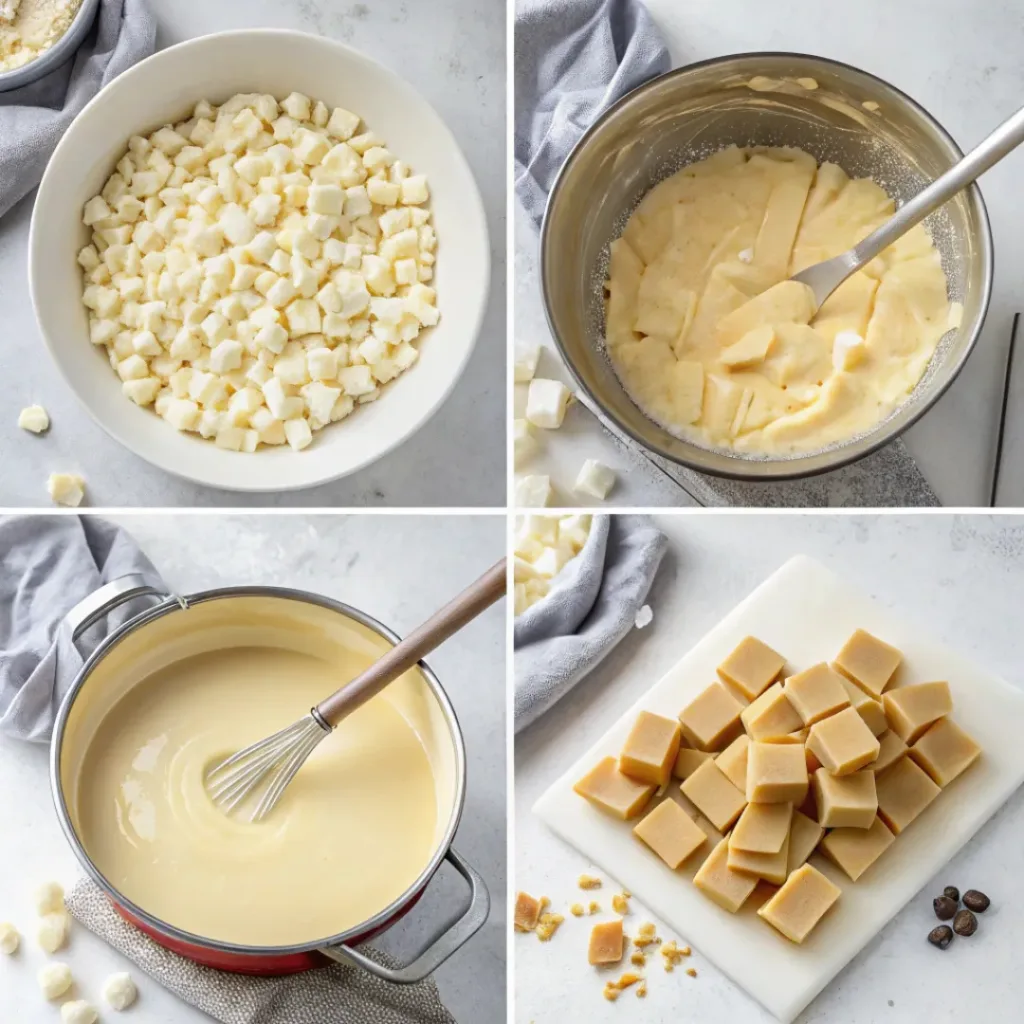 Flat lay of white chocolate chips, Butterfinger candy, and condensed milk