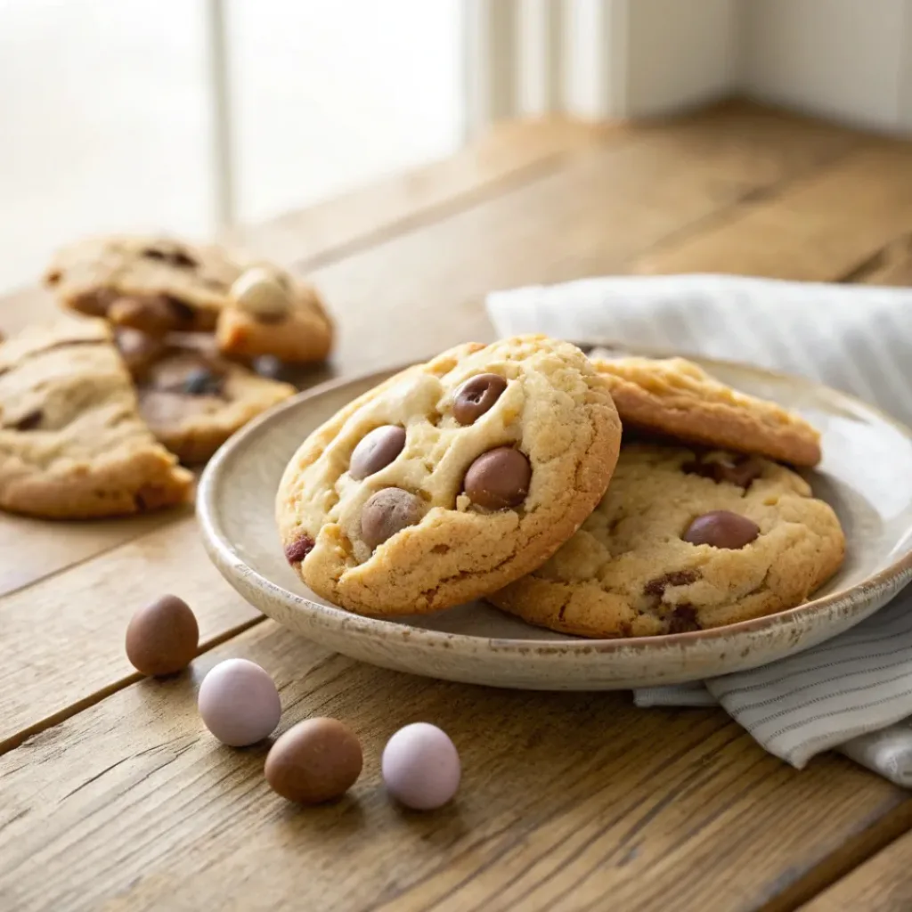Freshly baked Cadbury egg cookies with chocolate chunks on a rustic plate
