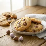 Freshly baked Cadbury egg cookies with chocolate chunks on a rustic plate