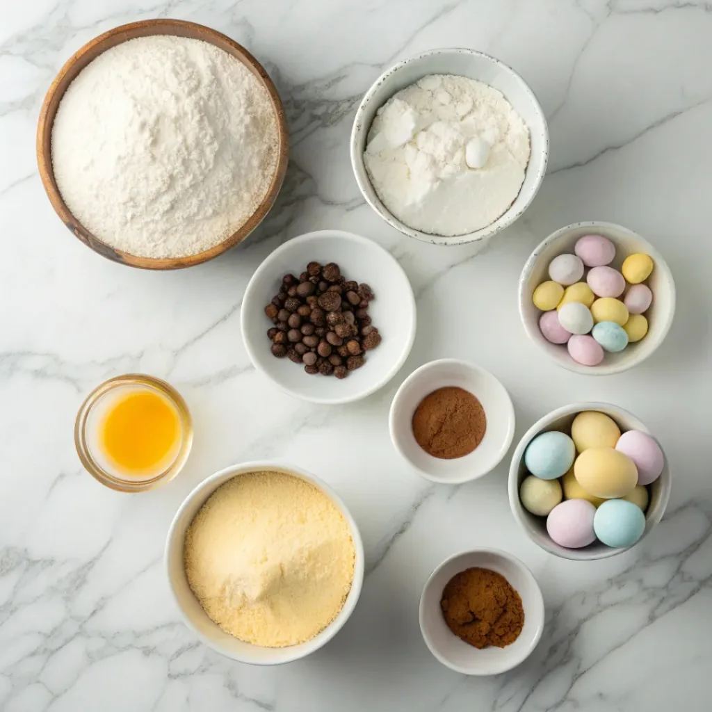 Flat lay of ingredients for Cadbury egg cookies including flour, butter, sugar, eggs, and mini chocolate eggs