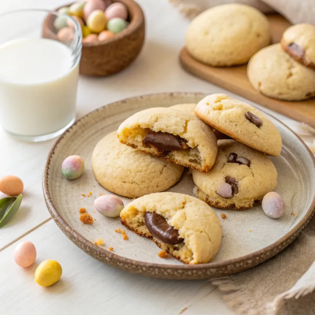 Cadbury egg cookies with melted chocolate served on a plate with mini eggs and a glass of milk