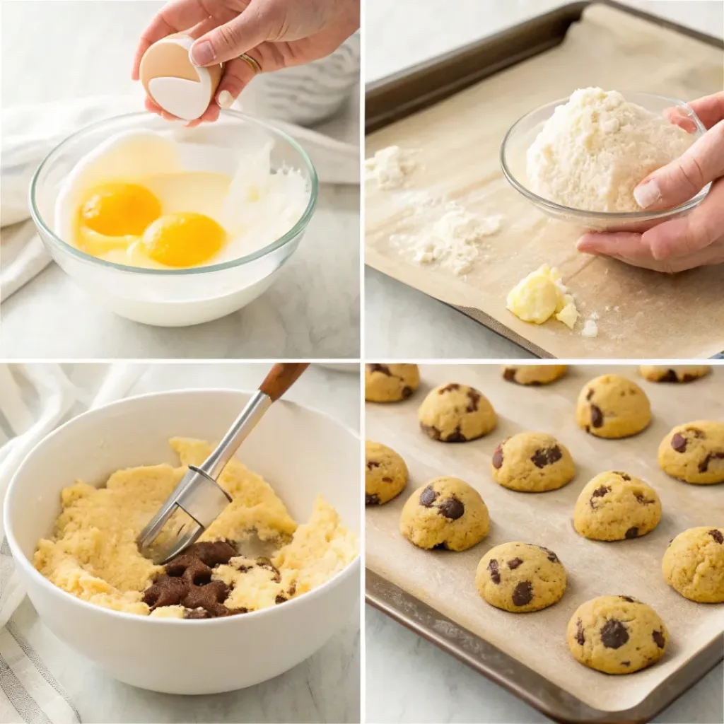 Four-panel collage showing steps to make Cadbury egg cookies: mixing, adding eggs, folding chocolate, and baking