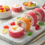 Colorful candy sushi rolls made with rice crispy, fruit roll-ups, and gummy candy