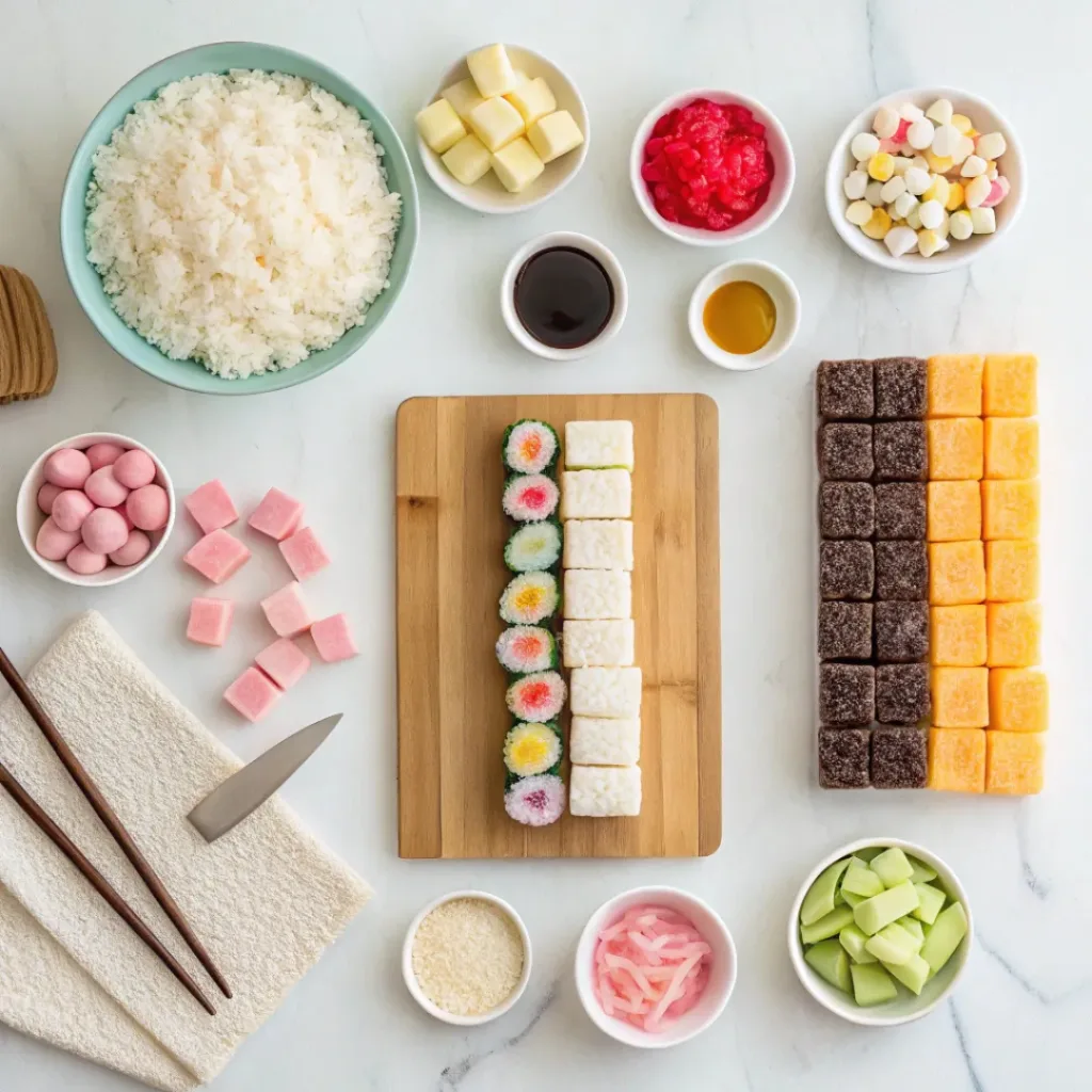 Flat lay of rice crispy treats, fruit roll-ups, and gummy candy for candy sushi