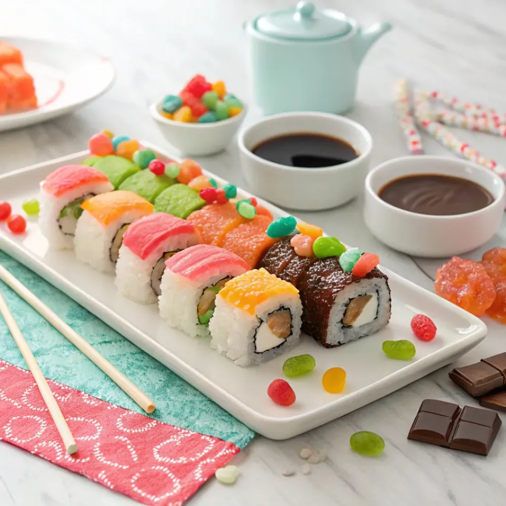 Colorful candy sushi rolls arranged on a platter with candy toppings