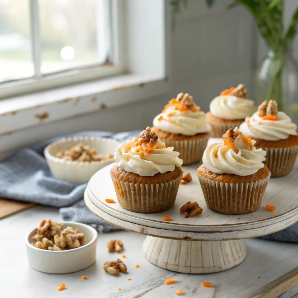 Carrot cake cupcakes with cream cheese frosting and walnut garnish on a cake stand