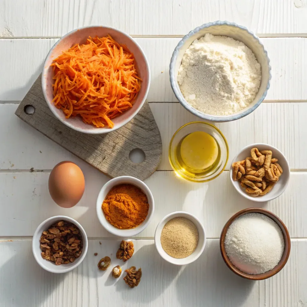 Top-down view of carrot cake cupcake ingredients including grated carrots, flour, sugar, eggs, spices, walnuts, and cream cheese