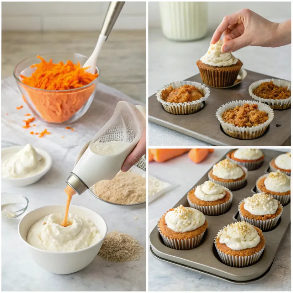 Collage showing four steps to make carrot cake cupcakes: mixing batter, adding dry ingredients, filling liners, and frosting cupcakes