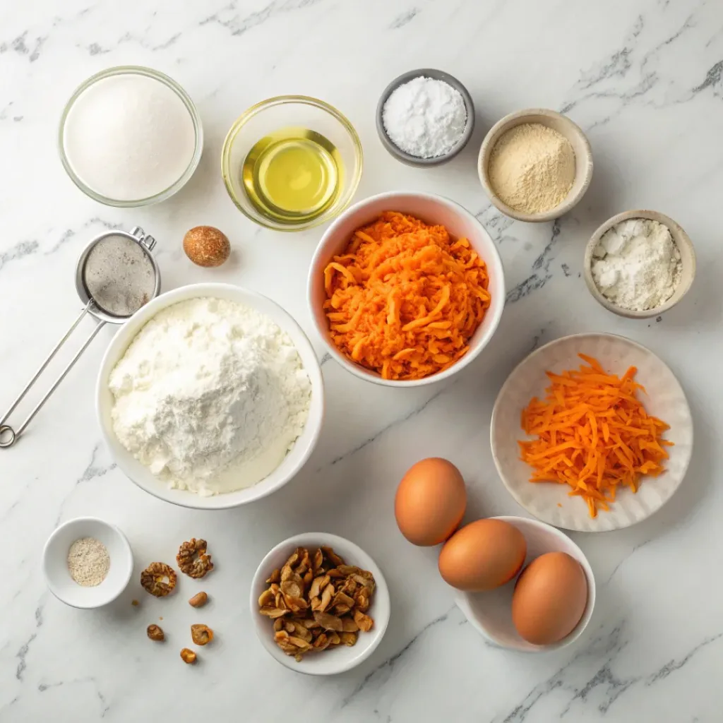 Carrot Cake with Cream Cheese Frosting – Moist & Classic 6 Flat lay of carrot cake ingredients including grated carrots, flour, sugars, eggs, spices, walnuts, and cream cheese