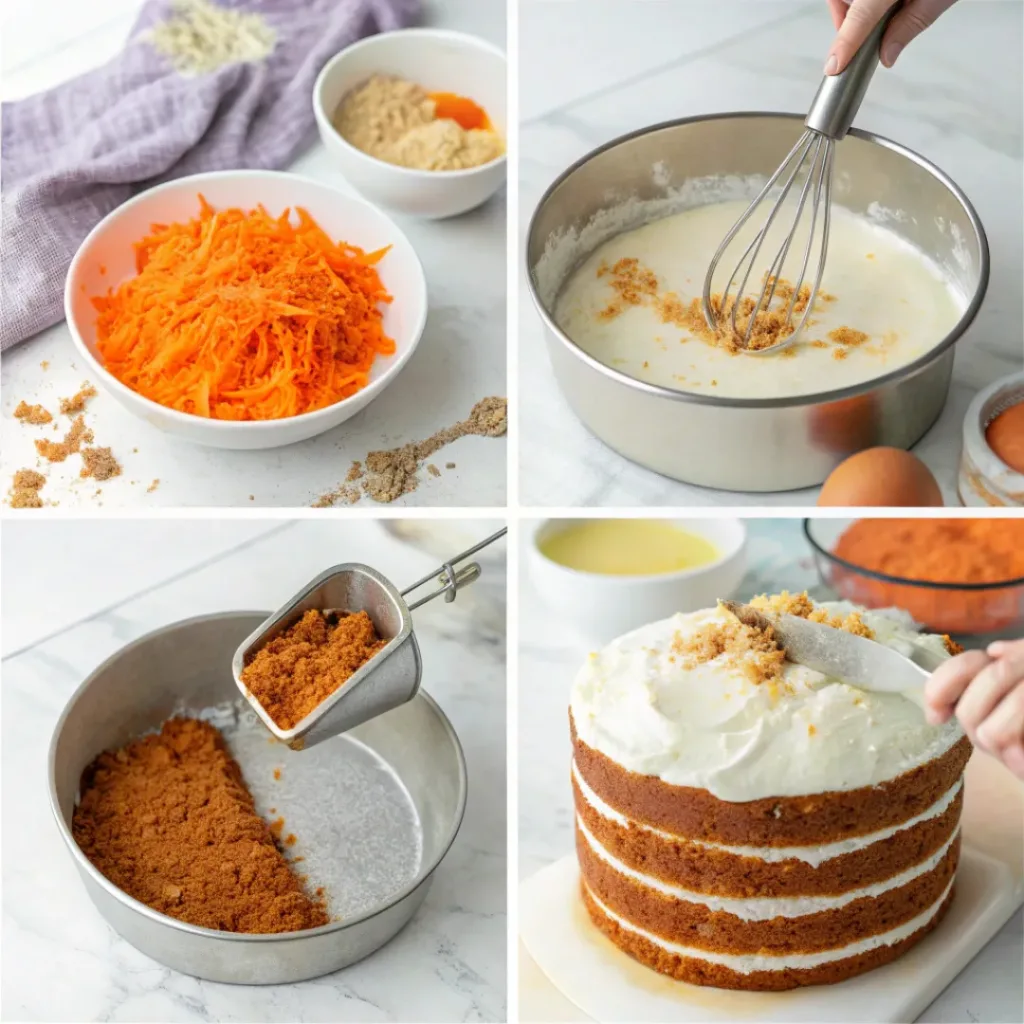 Carrot Cake with Cream Cheese Frosting – Moist & Classic 7 Four-panel collage showing steps to make carrot cake from mixing batter to frosting layers