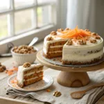 Layered carrot cake with cream cheese frosting and walnut garnish on a cake stand