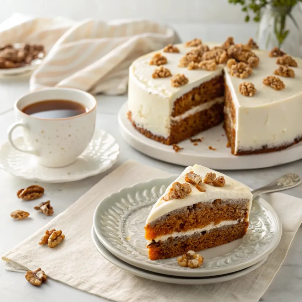 Carrot Cake with Cream Cheese Frosting – Moist & Classic 8 Slice of carrot cake with cream cheese frosting served with tea