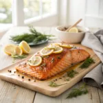 Salmon fillet cooked on a cedar plank with lemon slices and dill