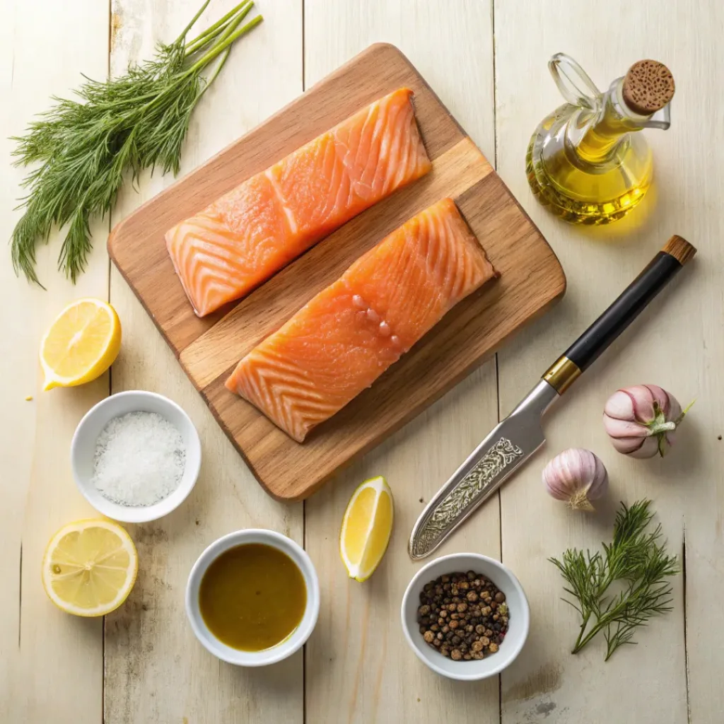 Flat lay of salmon fillets, cedar plank, lemon, dill, honey, and seasonings