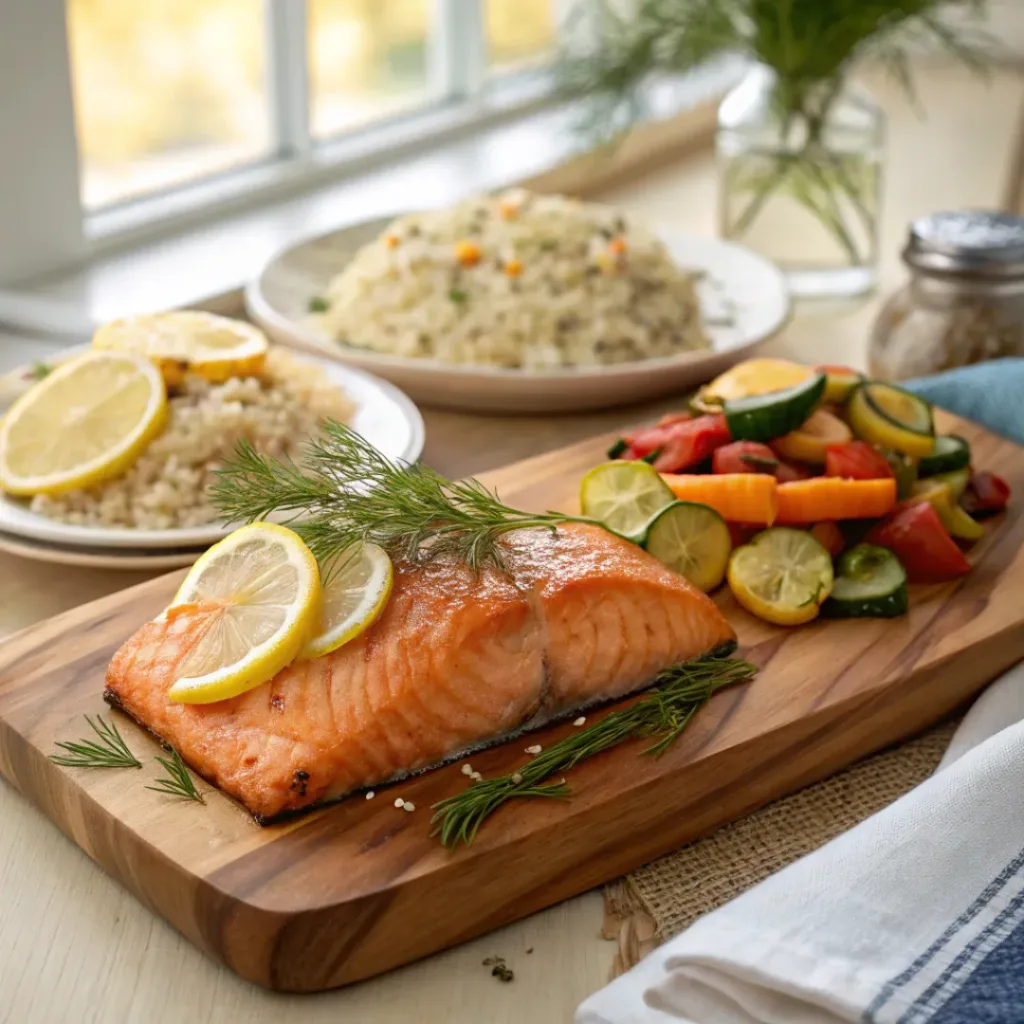 Cedar planked salmon served with lemon and dill garnish, paired with roasted vegetables