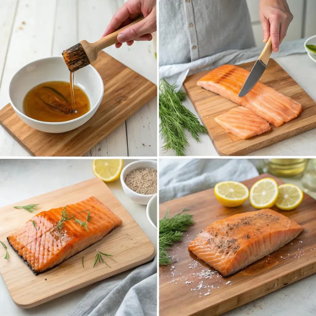 Four-panel collage showing soaking plank, glazing salmon, placing on plank, and serving