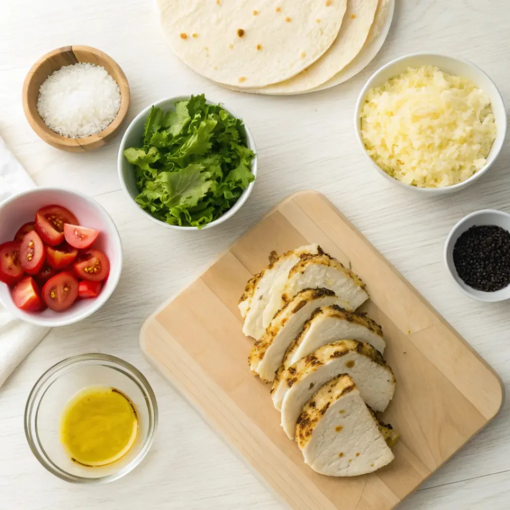 Cheesy Garlic Chicken Wraps – Quick & Savory 6 Flat lay of ingredients for cheesy garlic chicken wraps including chicken, cheese, tortillas, and vegetables