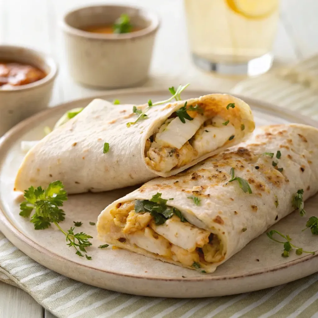 Cheesy Garlic Chicken Wraps – Quick & Savory 8 Cheesy garlic chicken wraps served on a plate with melted cheese and vegetables visible