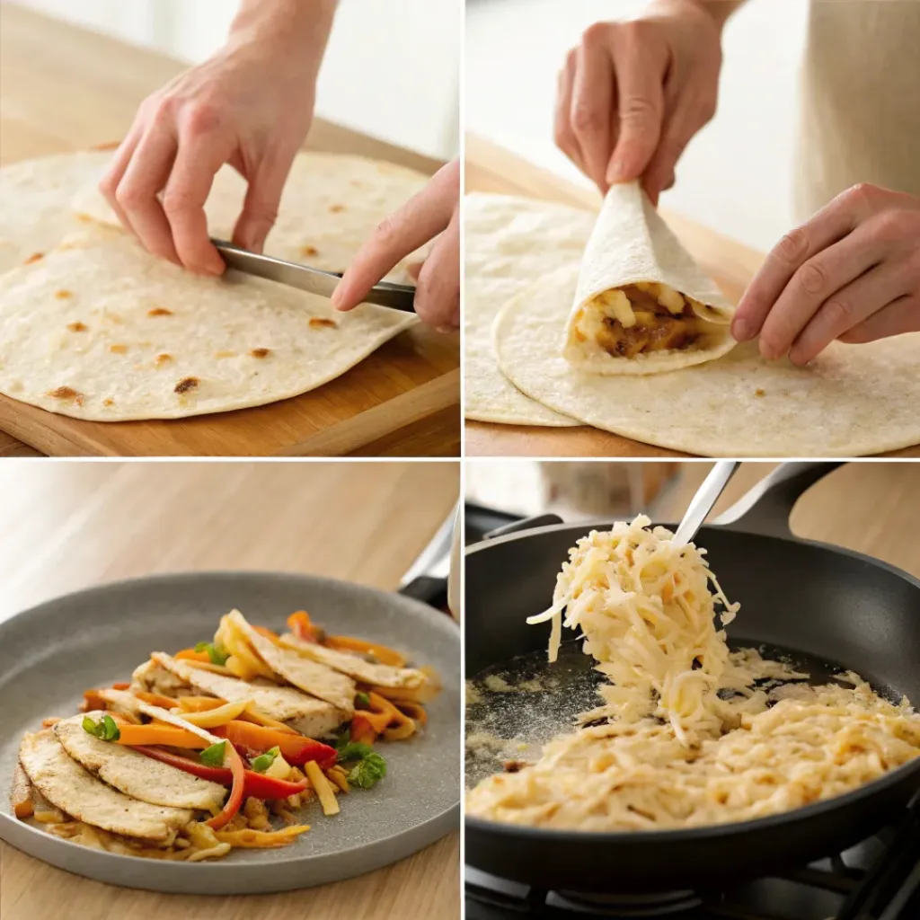 Cheesy Garlic Chicken Wraps – Quick & Savory 7 Four-panel collage showing steps to assemble and grill cheesy garlic chicken wraps