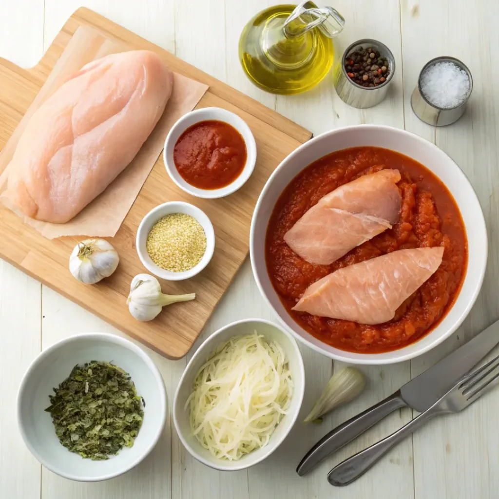 Flat lay of chicken breasts, marinara sauce, mozzarella, Parmesan, and seasonings