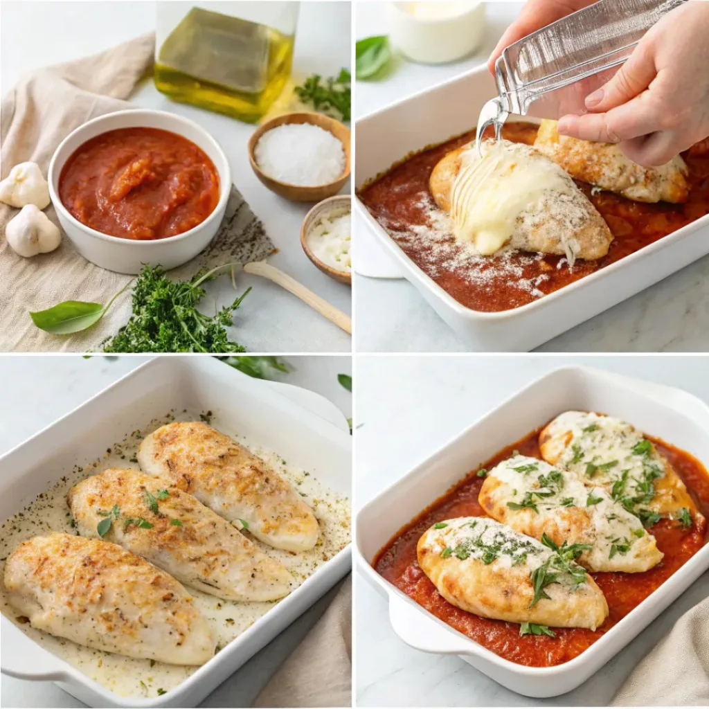 Four-panel collage showing prepping chicken, adding sauce, adding cheese, and baked chicken