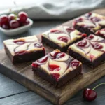 Fudgy chocolate brownies with cheesecake swirls and cherry topping
