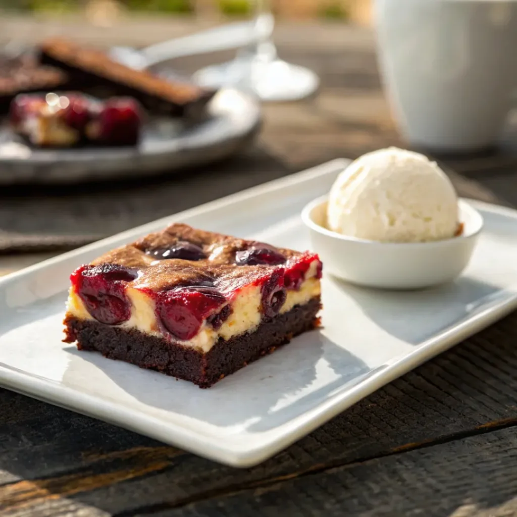 Cherry cheesecake brownie served with ice cream or espresso