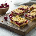 Golden crumble bars with glossy cherry filling