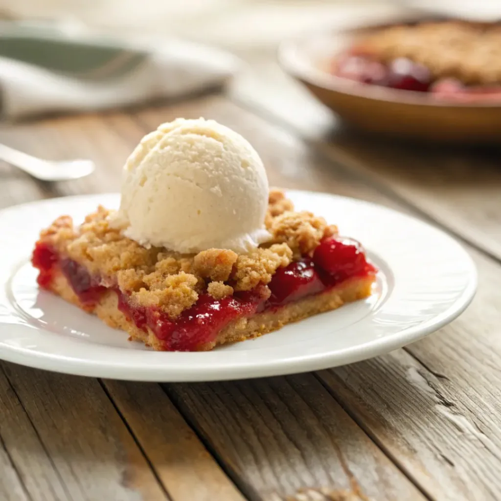 Cherry crumble bar served with vanilla ice cream